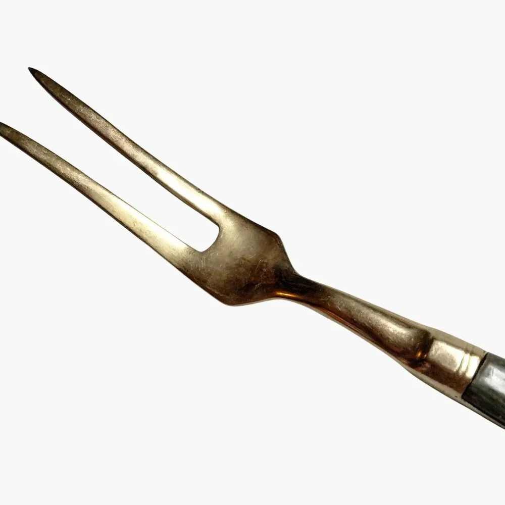 Two Pronged Meat Fork Server Brass Dark Wood Handle Vintage Mid Century Modern